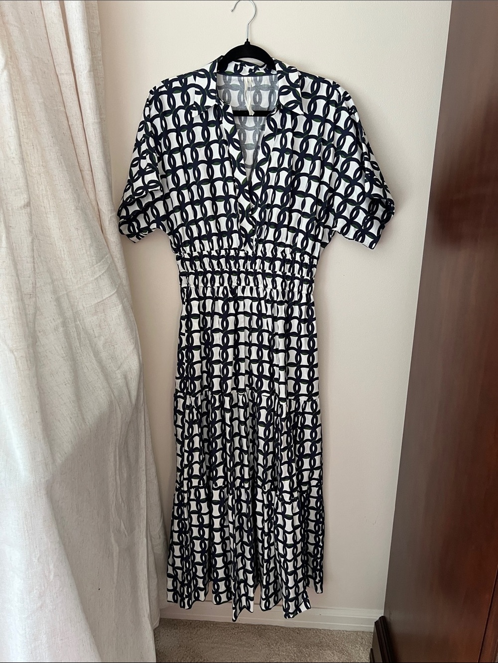Anthropologie Somerset navy and green  Geometric V-Neck Midi Dress